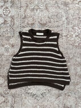 Brown & White Striped Knit Sweater Vest